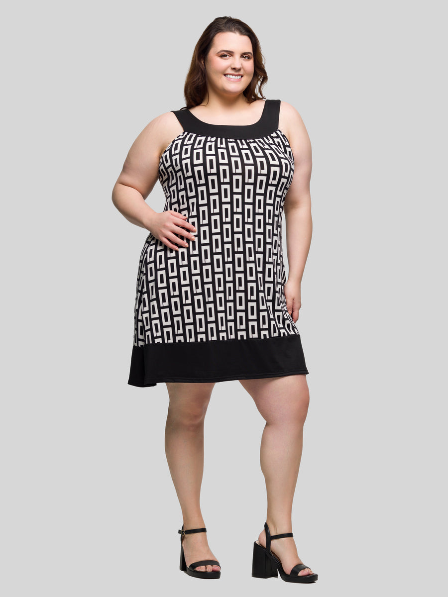 Essential Curvy Geometric Scoop Neck Sleeveless Knee Length Dress