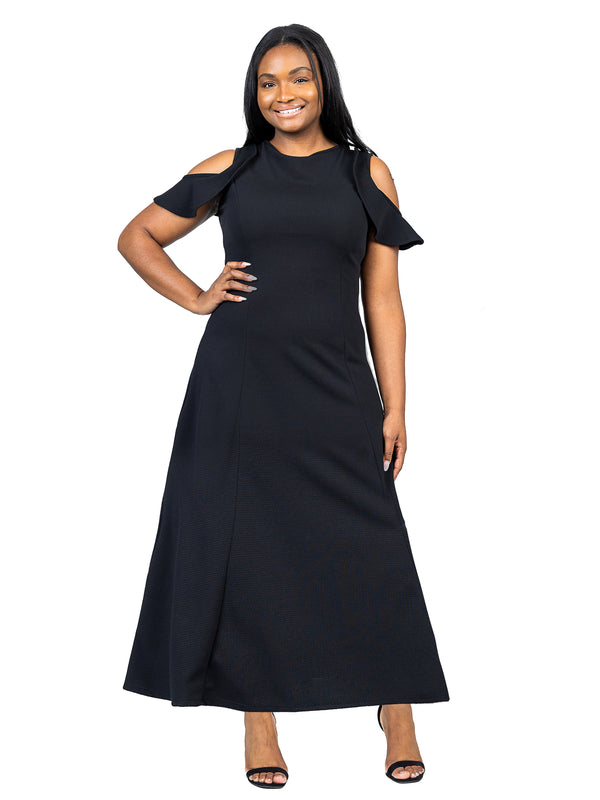 Elevate Plus Size Ruffle Cold Shoulder A Line Maxi Dress