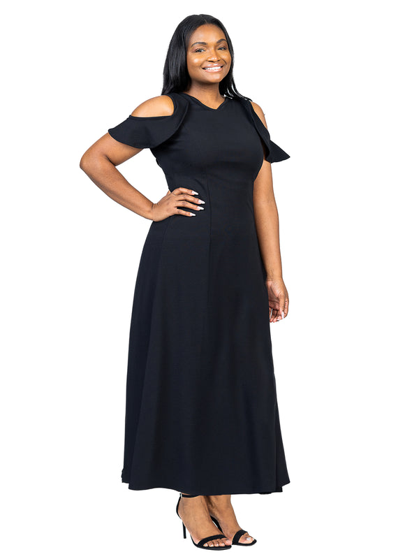 Elevate Plus Size Ruffle Cold Shoulder A Line Maxi Dress