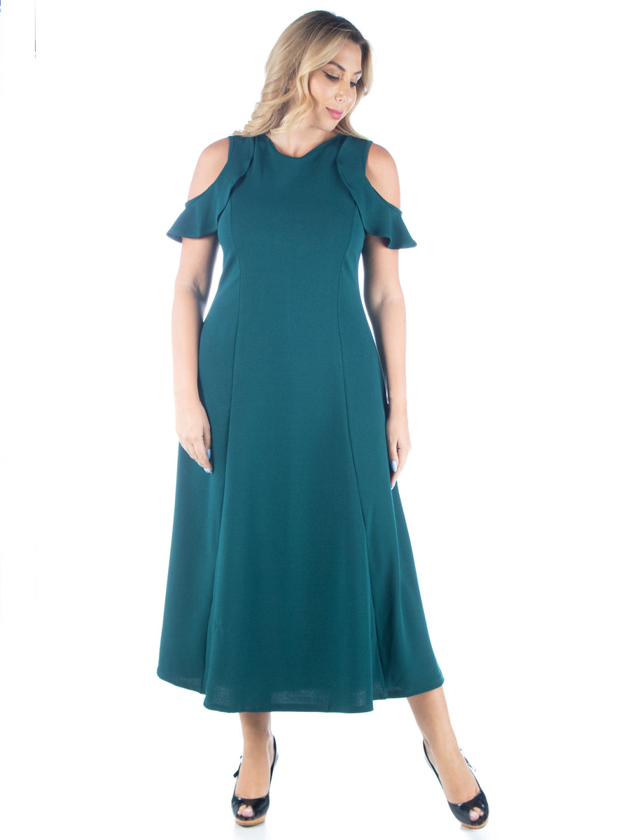 Elevate Plus Size Ruffle Cold Shoulder A Line Maxi Dress