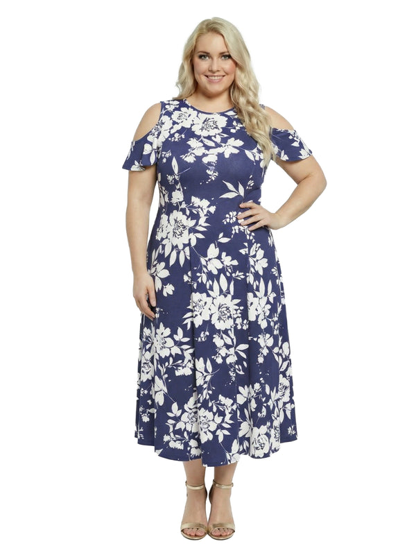 Elevate Plus Size Floral Ruffle Sleeve Cold Shoulder A-Line Maxi Dress