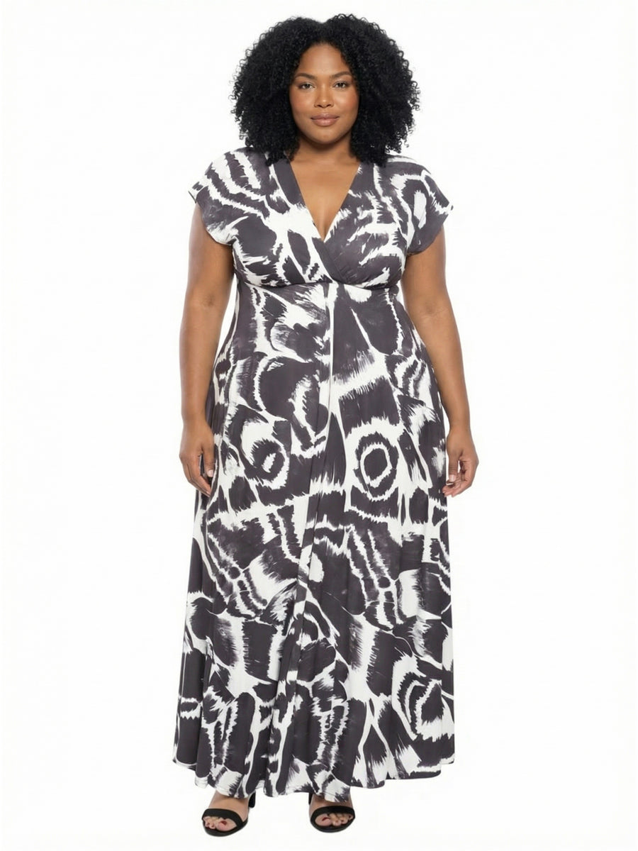 Essential Plus Size Abstract V Neck Empire Waist Cap Sleeve Maxi Dress