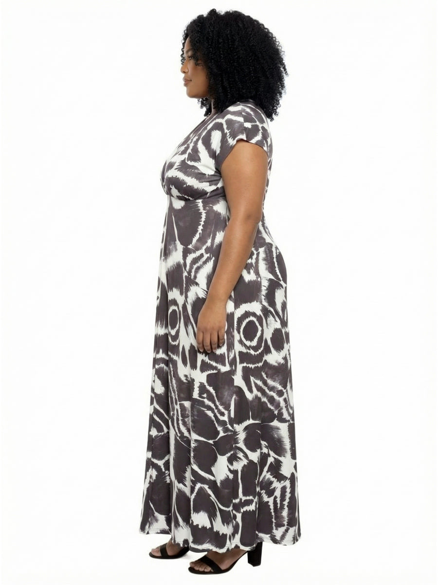 Essential Plus Size Abstract V Neck Empire Waist Cap Sleeve Maxi Dress