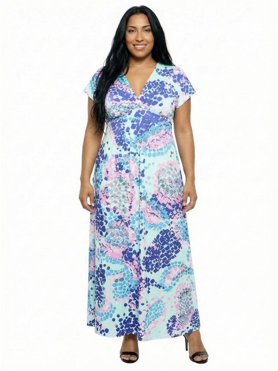Essential Plus Size Mosaic V Neck Empire Waist Cap Sleeve Maxi Dress