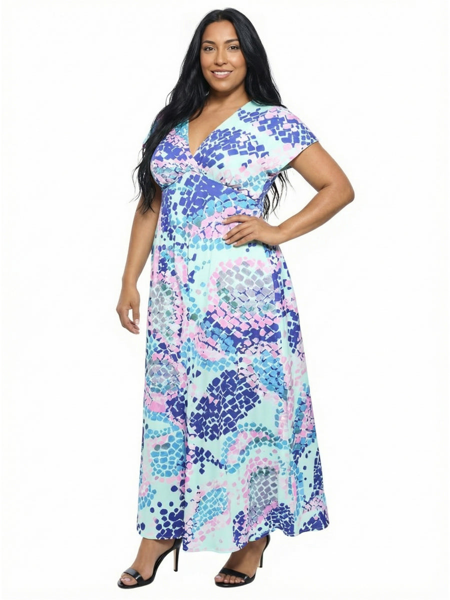 Essential Plus Size Mosaic V Neck Empire Waist Cap Sleeve Maxi Dress