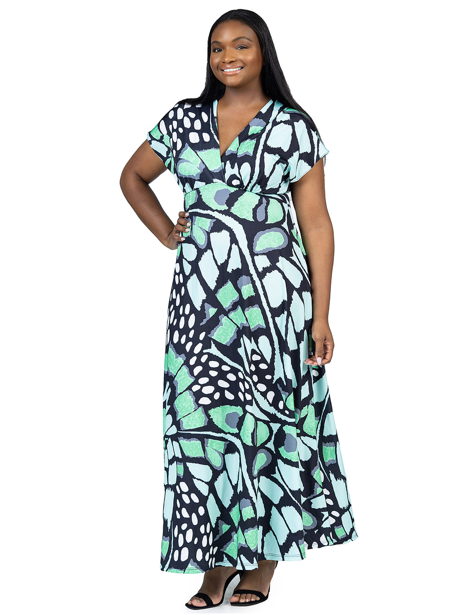 Essential Curvy Butterfly V Neck Empire Waist Cap Sleeve Maxi Dress