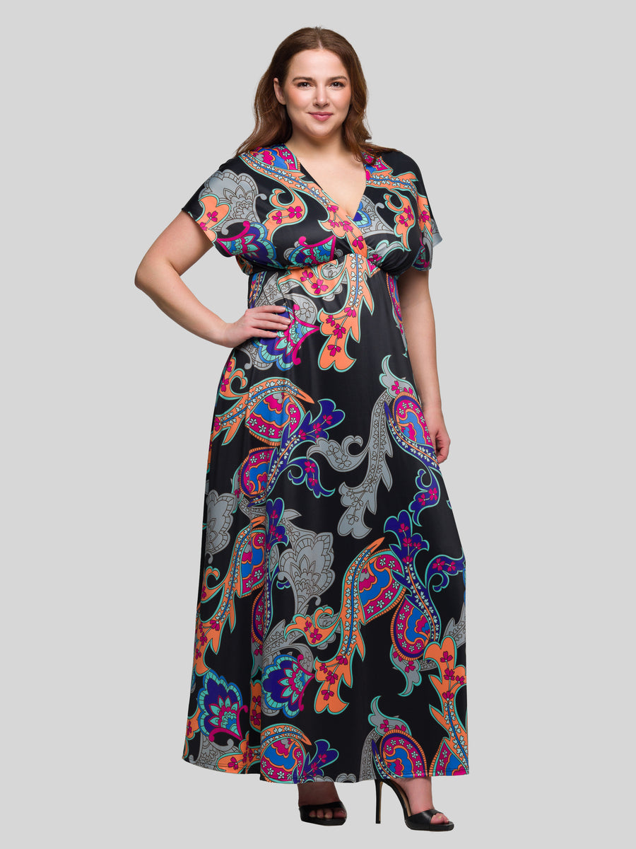 Essential Curvy Paisley V Neck Empire Waist Cap Sleeve Maxi Dress