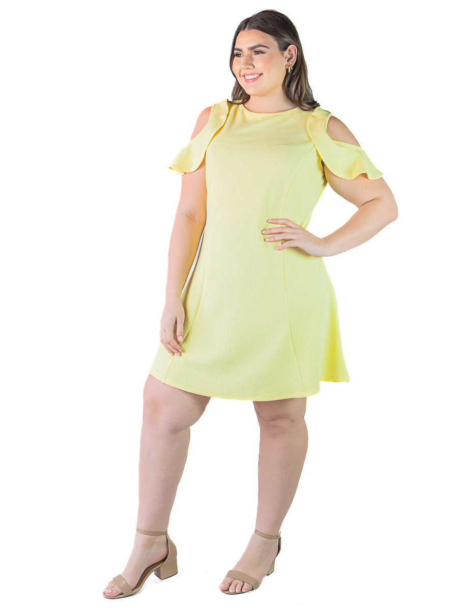 Essential Plus Size Ruffle Cold Shoulder A Line Knee Length Dress
