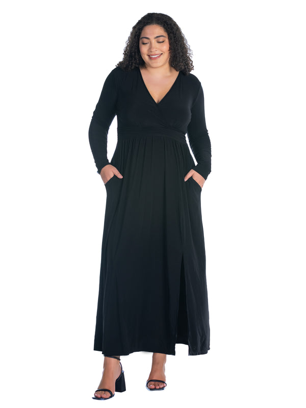 Elevate Plus Size Long Sleeve V Neck Side Slit Maxi Dress