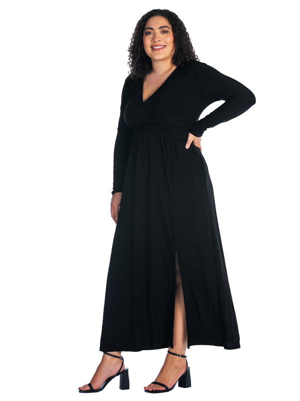 Elevate Plus Size Long Sleeve V Neck Side Slit Maxi Dress