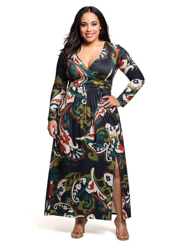 Elevate Plus Size Green Paisley Print Long Sleeve Wrap Maxi Dress
