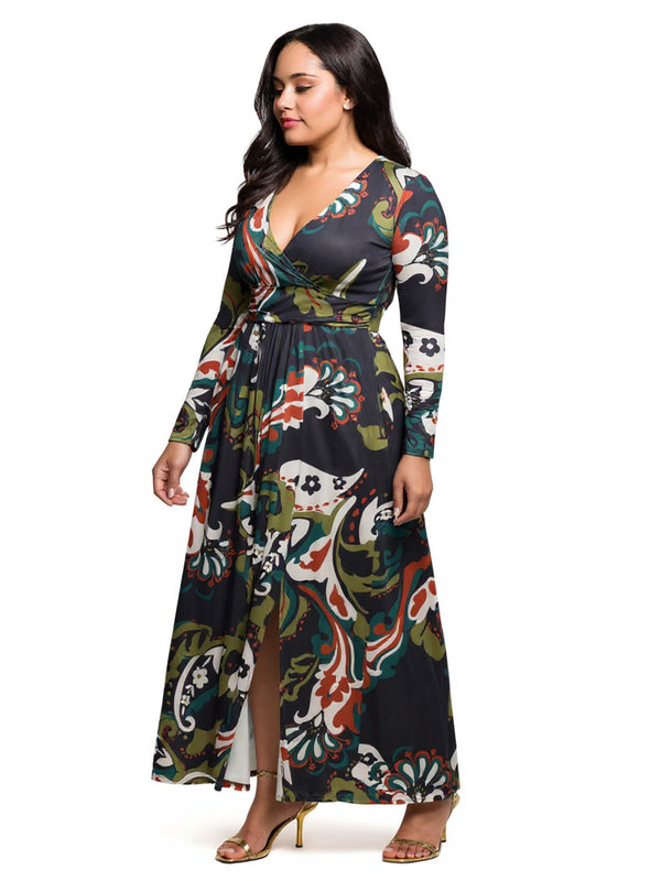 Elevate Plus Size Green Paisley Print Long Sleeve Wrap Maxi Dress