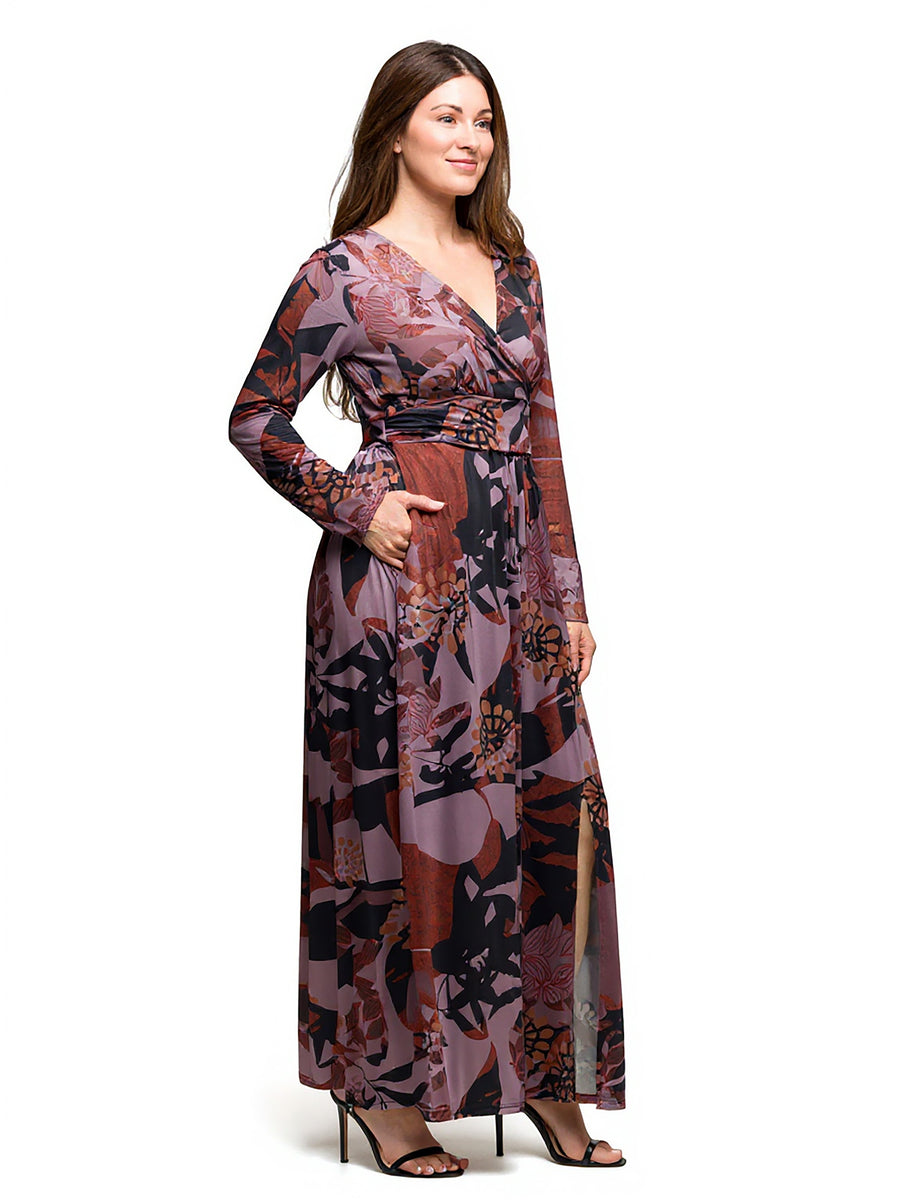 Elevate Plus Size Gray Floral Print Long Sleeve Wrap Maxi Dress