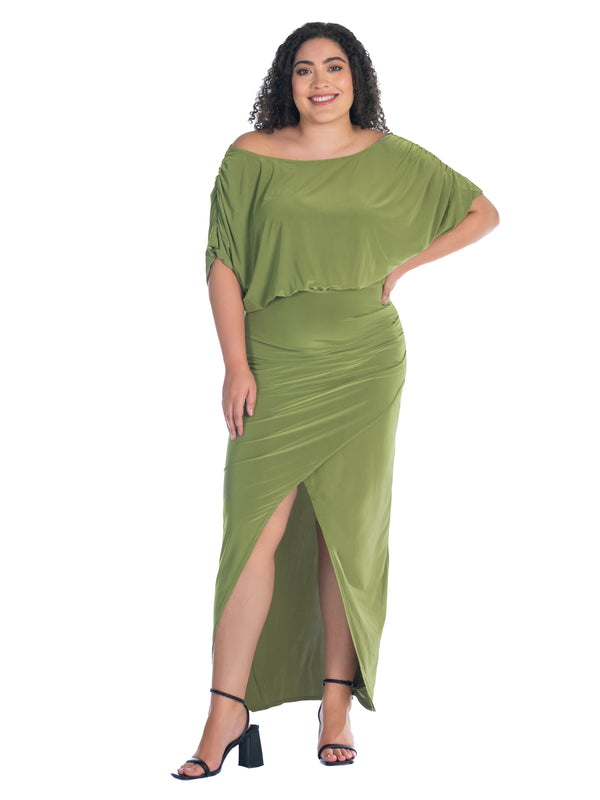 Elevate Curvy Boat Neck Batwing Front Slit Wrap Maxi Dress