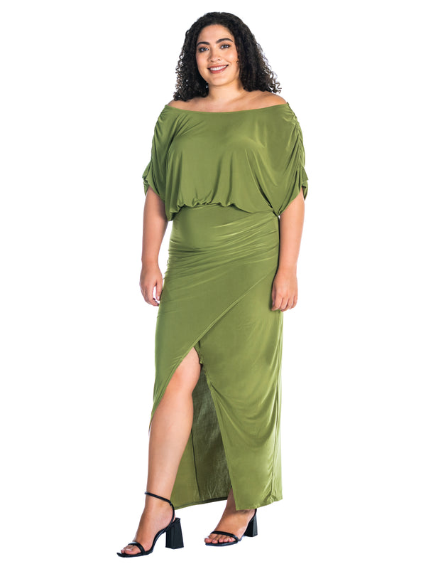 Elevate Curvy Boat Neck Batwing Front Slit Wrap Maxi Dress