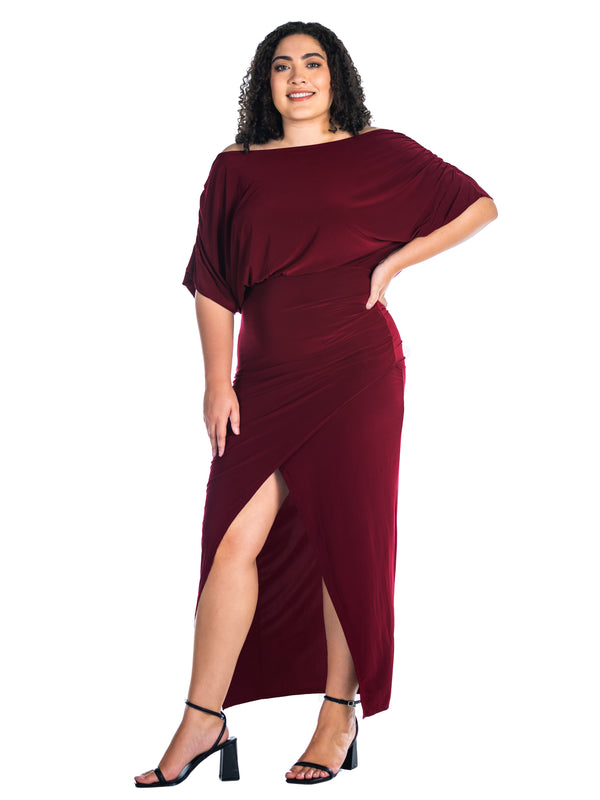 Elevate Curvy Boat Neck Batwing Front Slit Wrap Maxi Dress