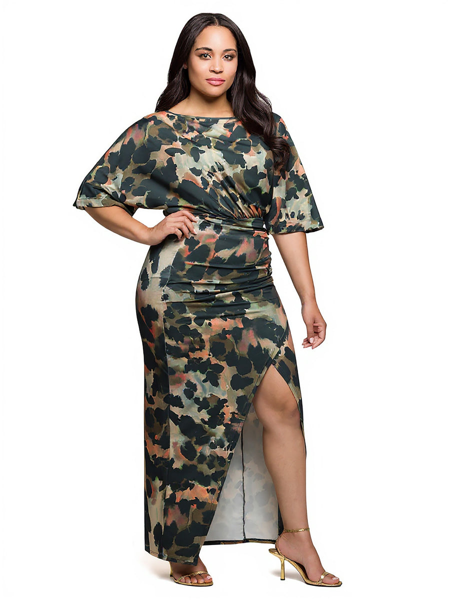 Elevate Curvy Abstract Batwing Sleeve Maxi Dress with Slit