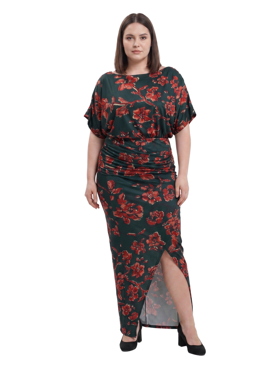 24seven Comfort Elevate Curvy Floral Short Batwing Sleeve Boat Neck Ruched Waist Long Maxi Dress