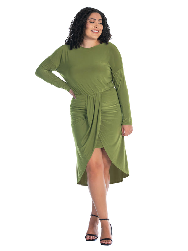 Elevate Plus Size Long Sleeve Dressy Tulip Skirt Knee Length Dress