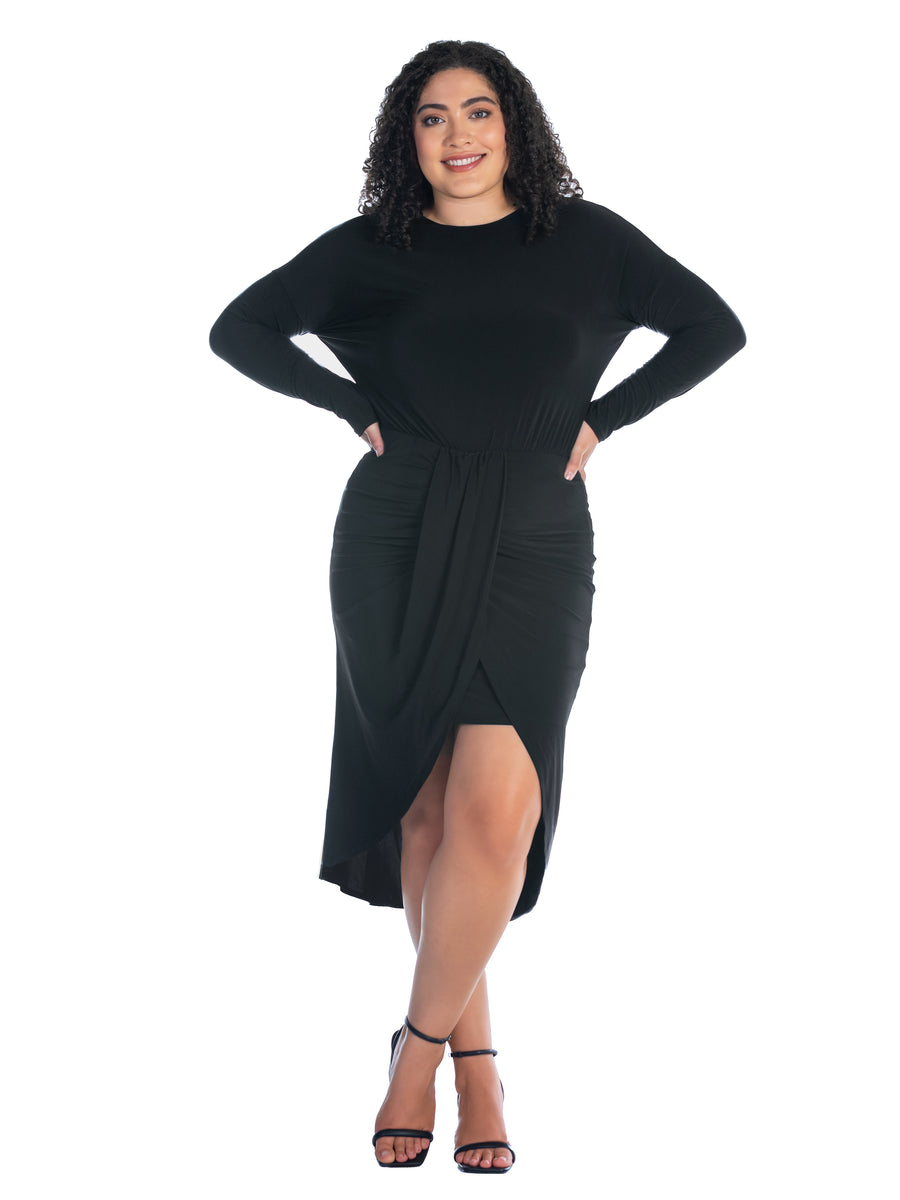 Elevate Plus Size Long Sleeve Dressy Tulip Skirt Knee Length Dress