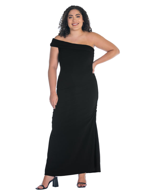Elevate Plus Size Formal One Shoulder Rouched Mermaid Maxi Dress