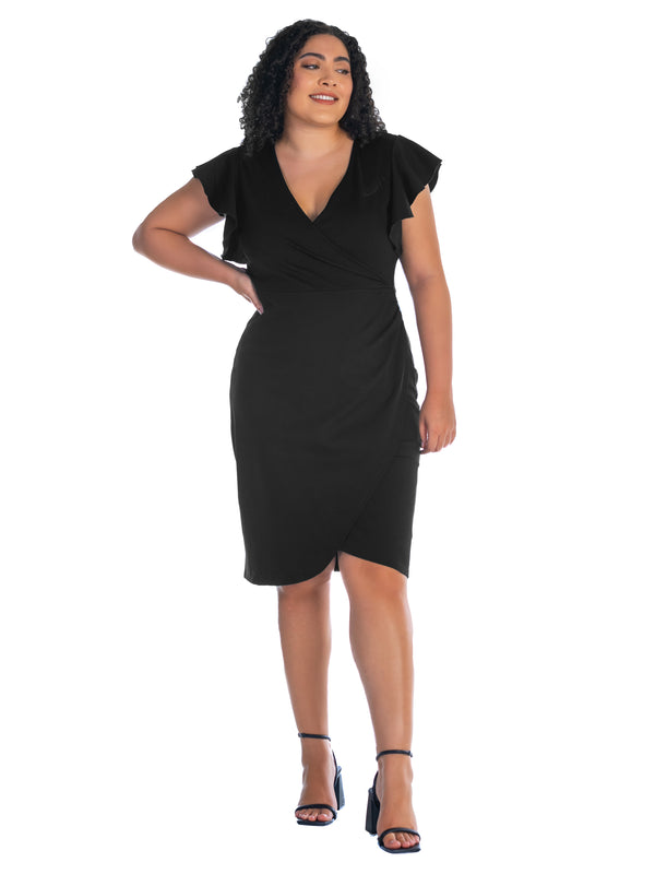 Elevate Plus Size V Neck Ruffle Sleeve Knee Length Dress