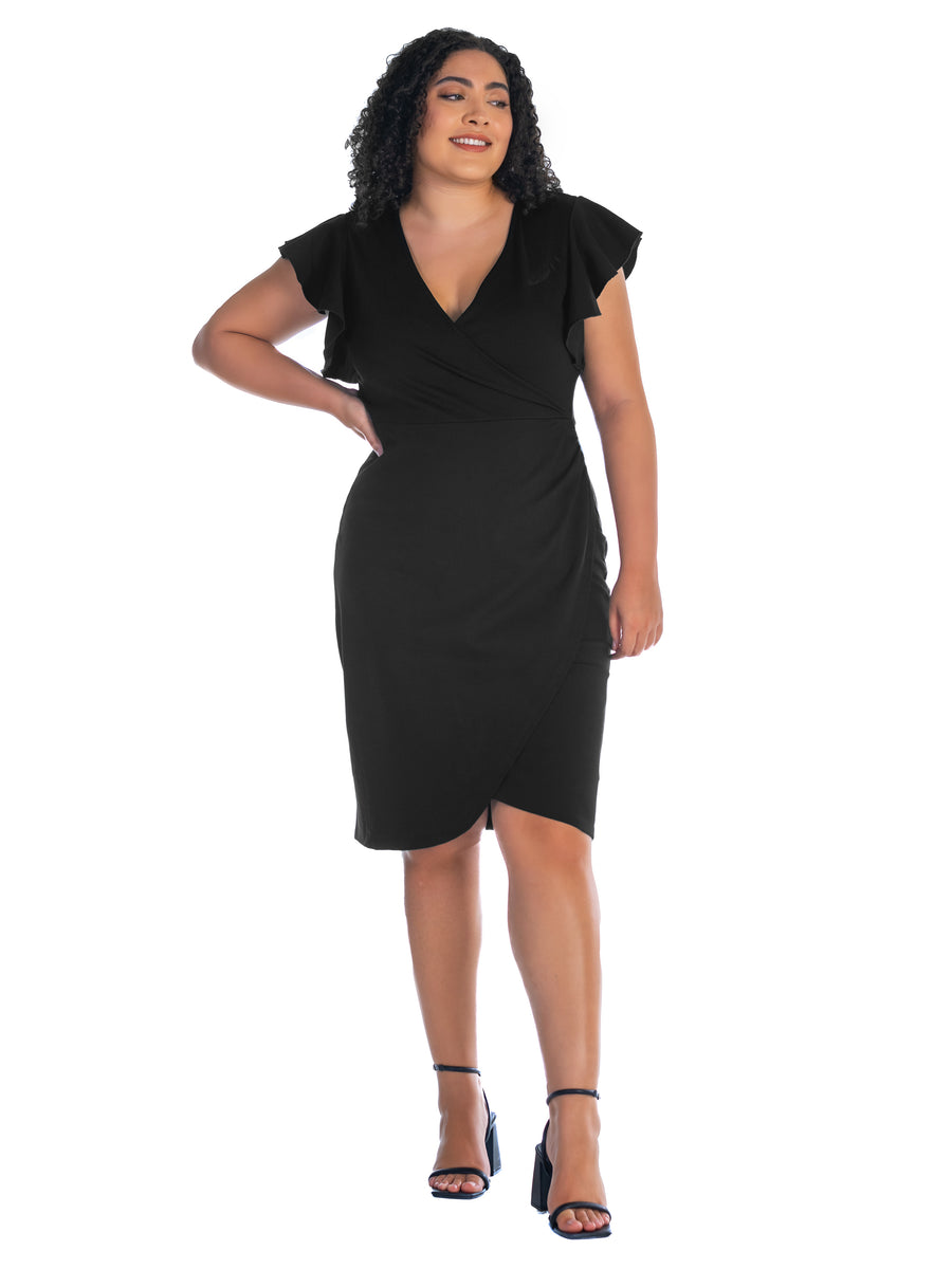 Elevate Plus Size V Neck Ruffle Sleeve Knee Length Dress