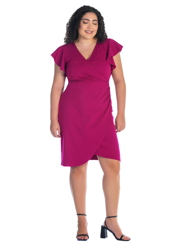 Elevate Plus Size V Neck Ruffle Sleeve Knee Length Dress