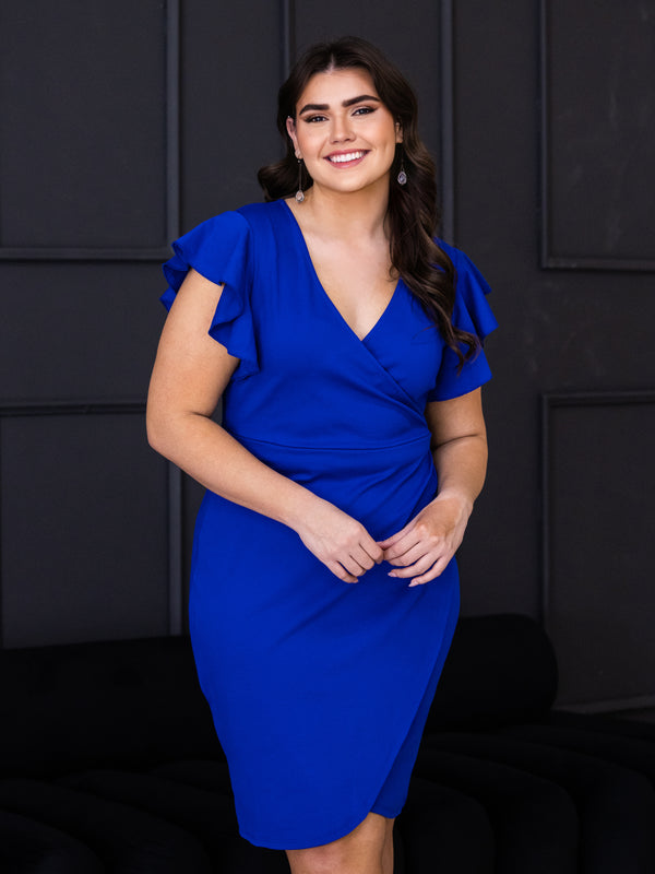 Elevate Plus Size V Neck Ruffle Sleeve Knee Length Dress