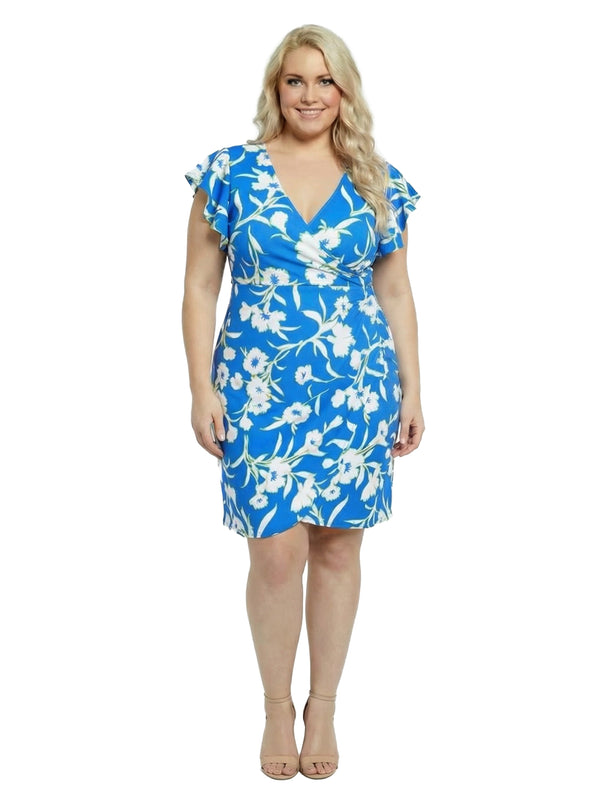 Elevate Curvy Floral Flutter Sleeve Wrap Knee Length Dress