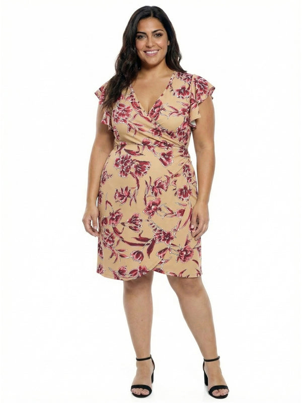Elevate Curvy Beige Floral Flutter Sleeve Wrap Knee Length Dress