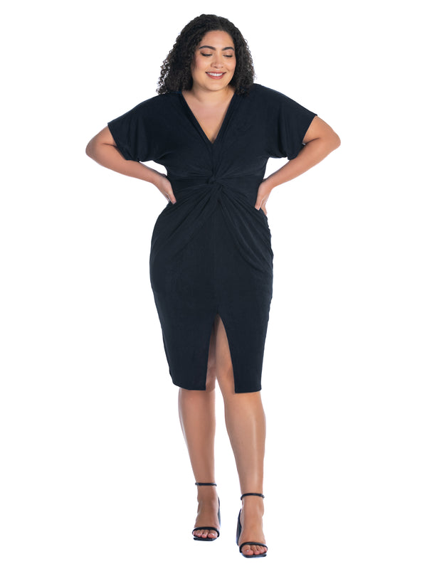 Elevate Plus Size Short Sleeve V Neck Twist Front Split Hem Dress