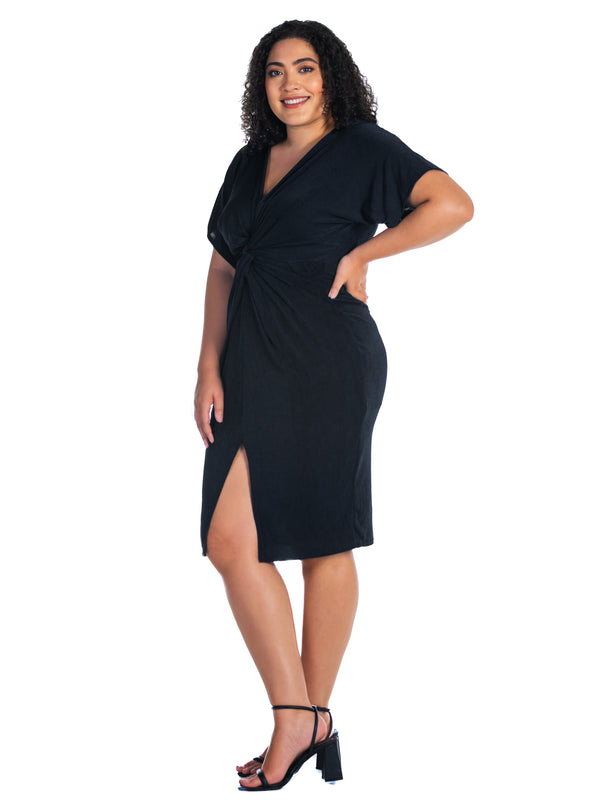 Elevate Plus Size Short Sleeve V Neck Twist Front Split Hem Dress