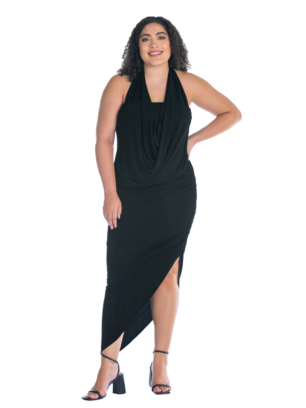 Elevate Plus Size Cowl Neck Long Asymmetrical Backless Halter Dress