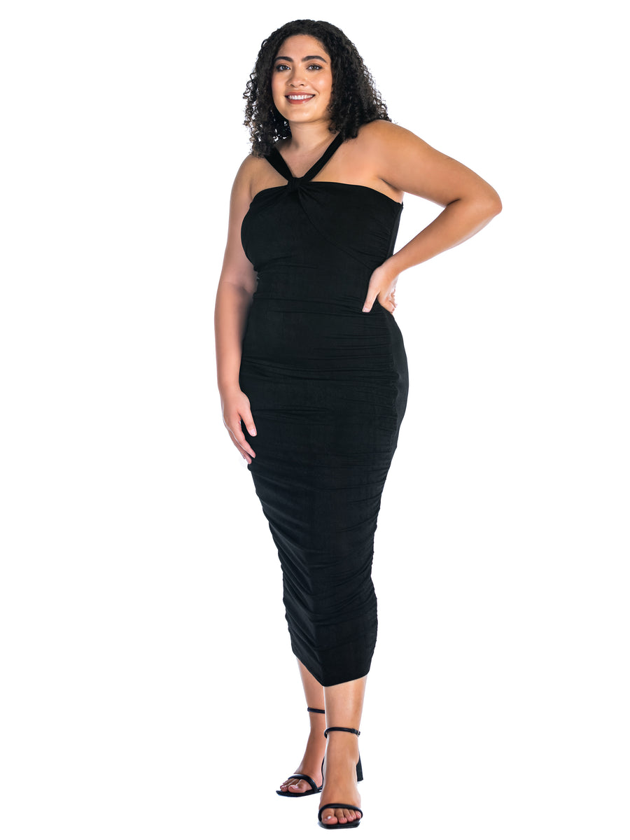 Essential Plus Size V Neck Strap Ruched Bodycon Midi Dress