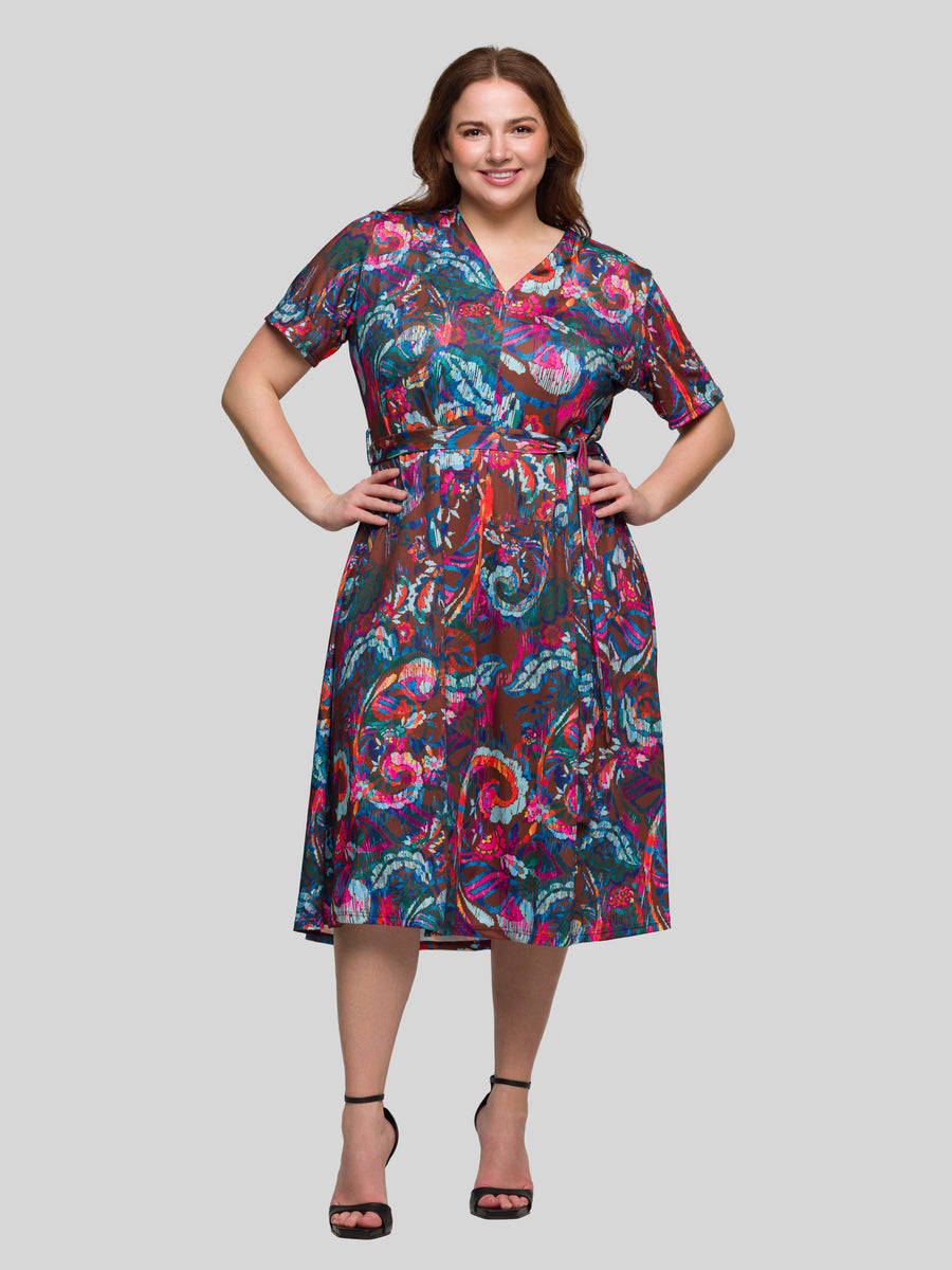 Essential Curvy Paisley V Neck Short Sleeve Tie Waist A Line Midi Dress