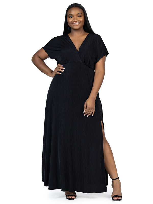 Elevate Curvy Flutter Sleeve Side Slit Metallic Knit Maxi Dress