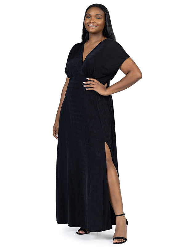 Elevate Curvy Flutter Sleeve Side Slit Metallic Knit Maxi Dress