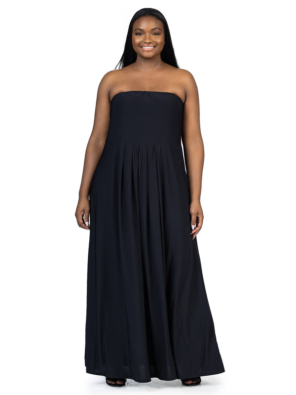 Elevate Plus Size Pleated A Line Strapless Pocket Maxi Dress