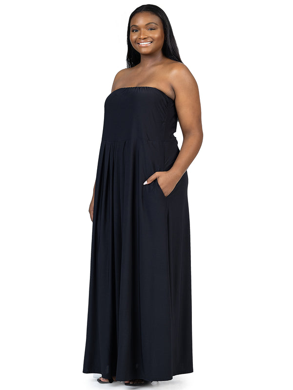 Elevate Plus Size Pleated A Line Strapless Pocket Maxi Dress