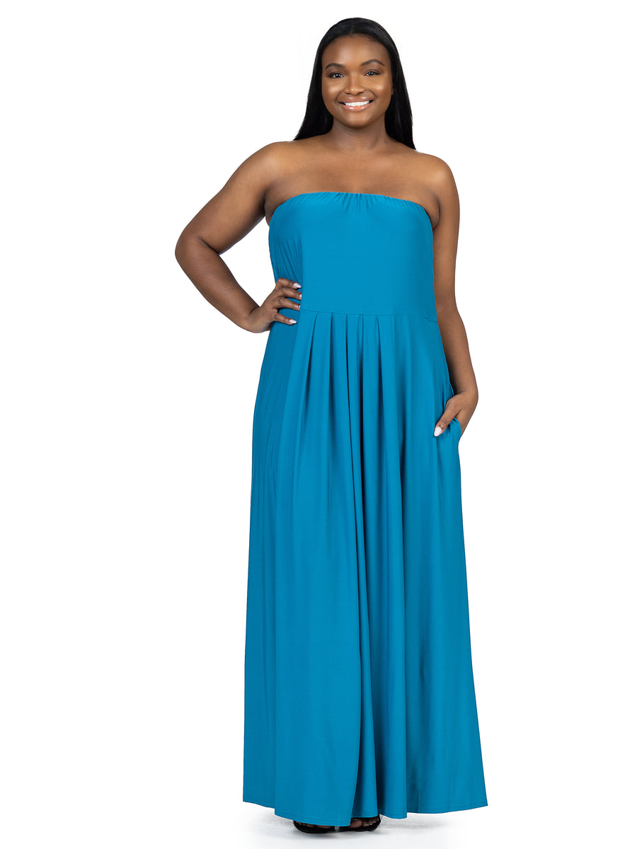 Elevate Plus Size Pleated A Line Strapless Pocket Maxi Dress