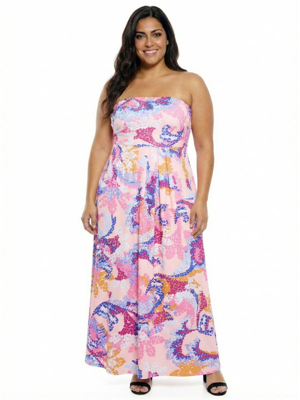 Elevate Plus Size Abstract A-Line Strapless Pocket Maxi Dress