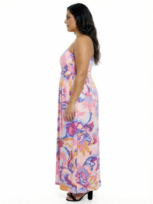 Elevate Plus Size Abstract A-Line Strapless Pocket Maxi Dress