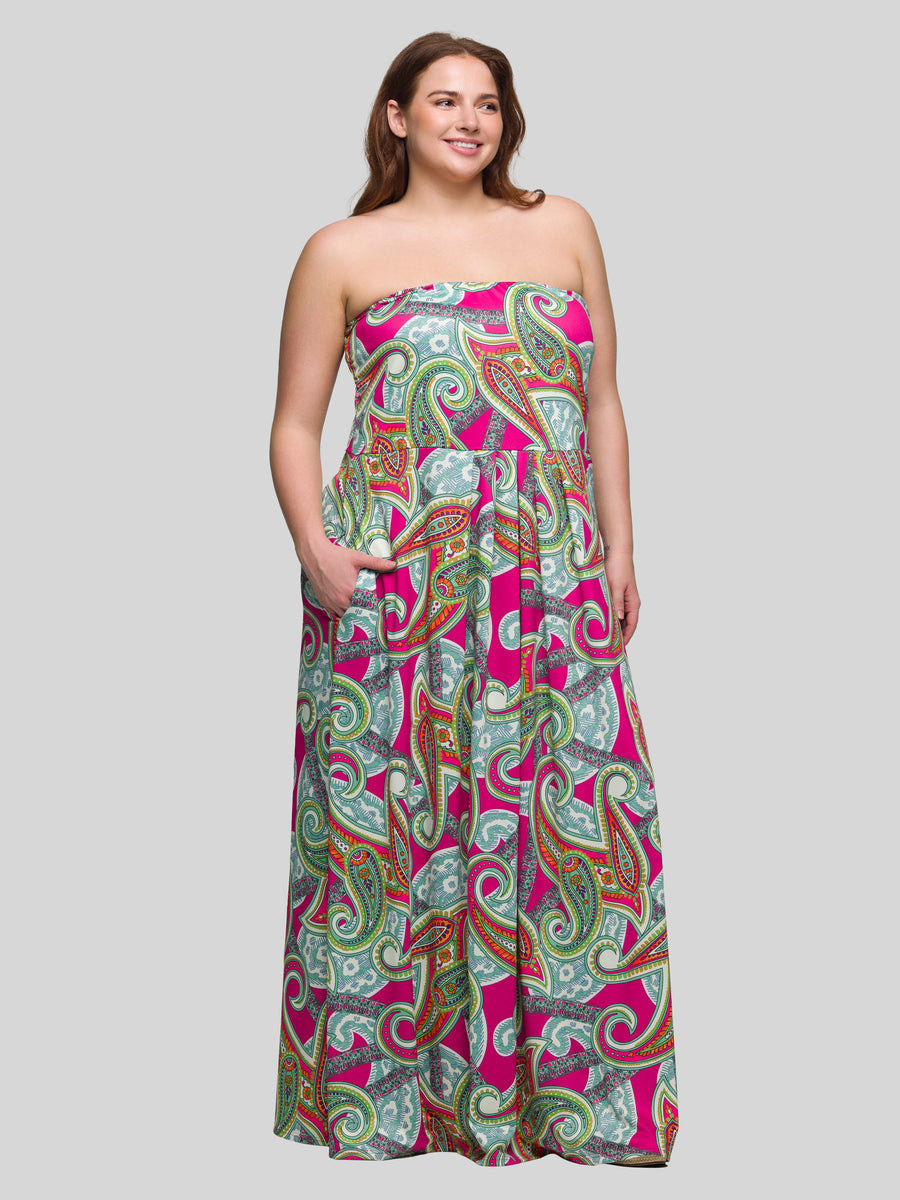 Elevate Curvy Paisley A Line Strapless Pocket Maxi Dress