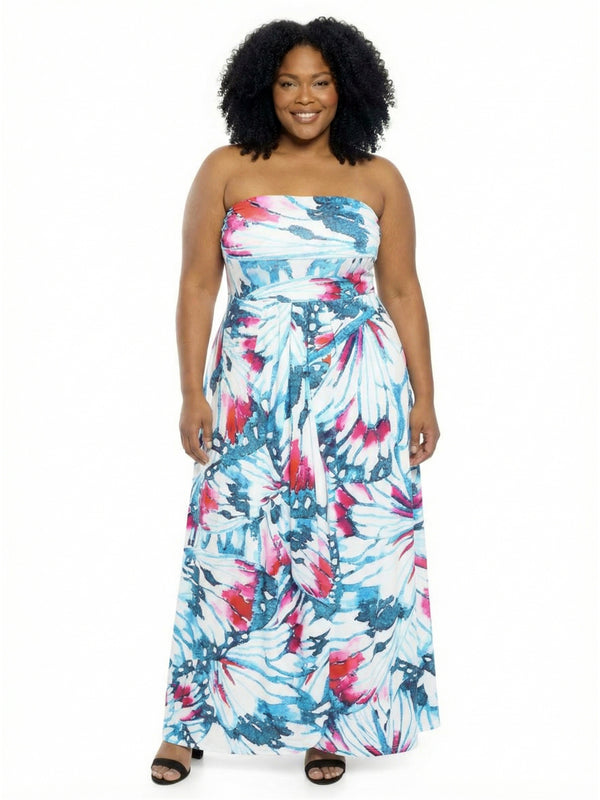 Elevate Plus Size Butterfly A-Line Strapless Pocket Maxi Dress