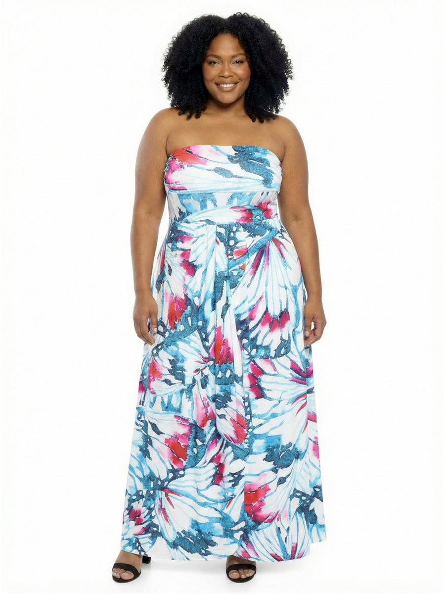 Elevate Plus Size Butterfly A-Line Strapless Pocket Maxi Dress