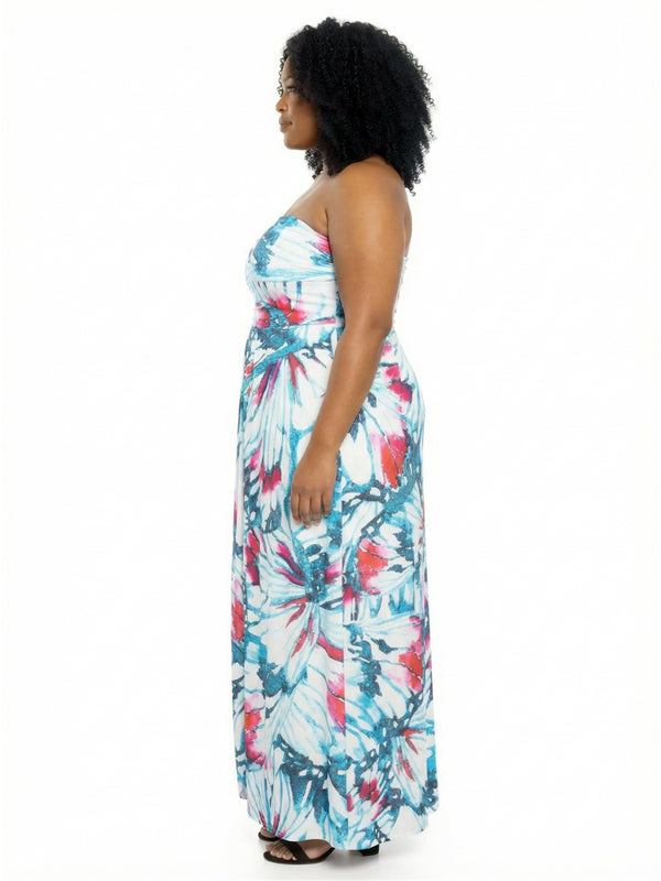 Elevate Plus Size Butterfly A-Line Strapless Pocket Maxi Dress