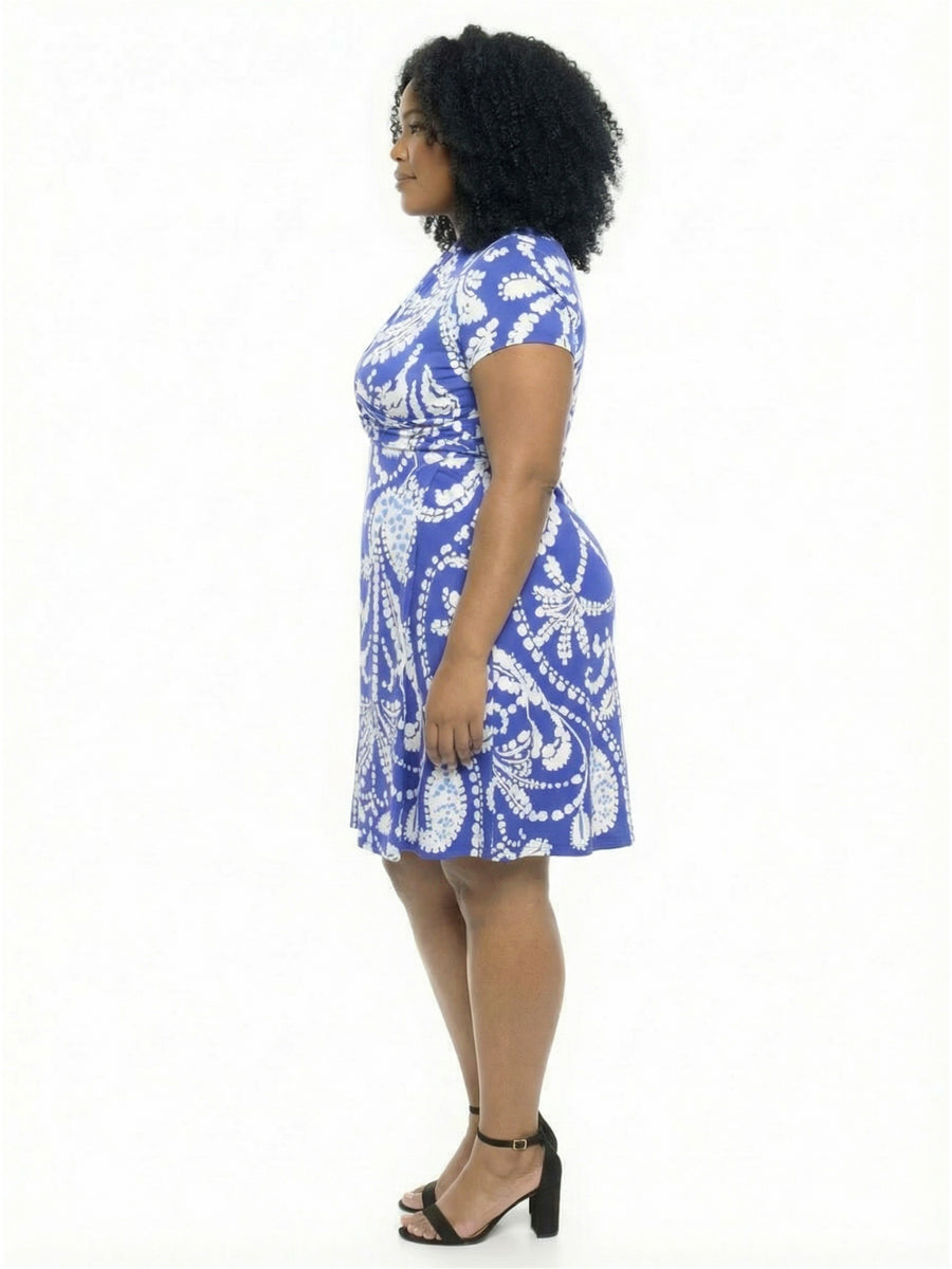 Essential Plus Size Paisley V-Neck Faux Wrap Knee Length A-Line Dress