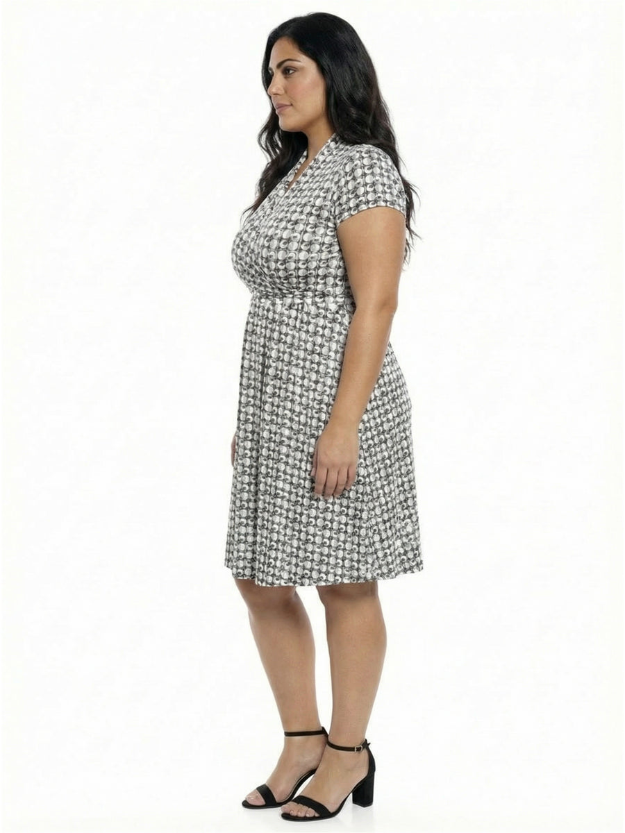 Essential Curvy Geometric V-Neck Wrap Knee Length A-Line Dress