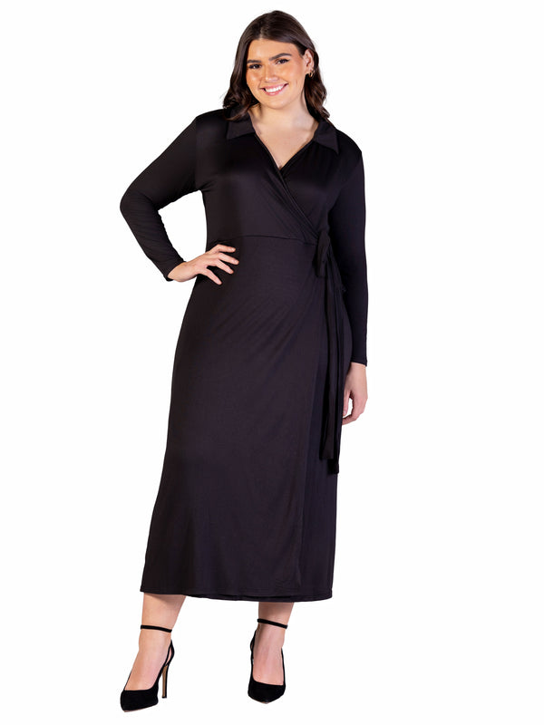Elevate Plus Size Collared Long Sleeve Wrap A Line Maxi Dress